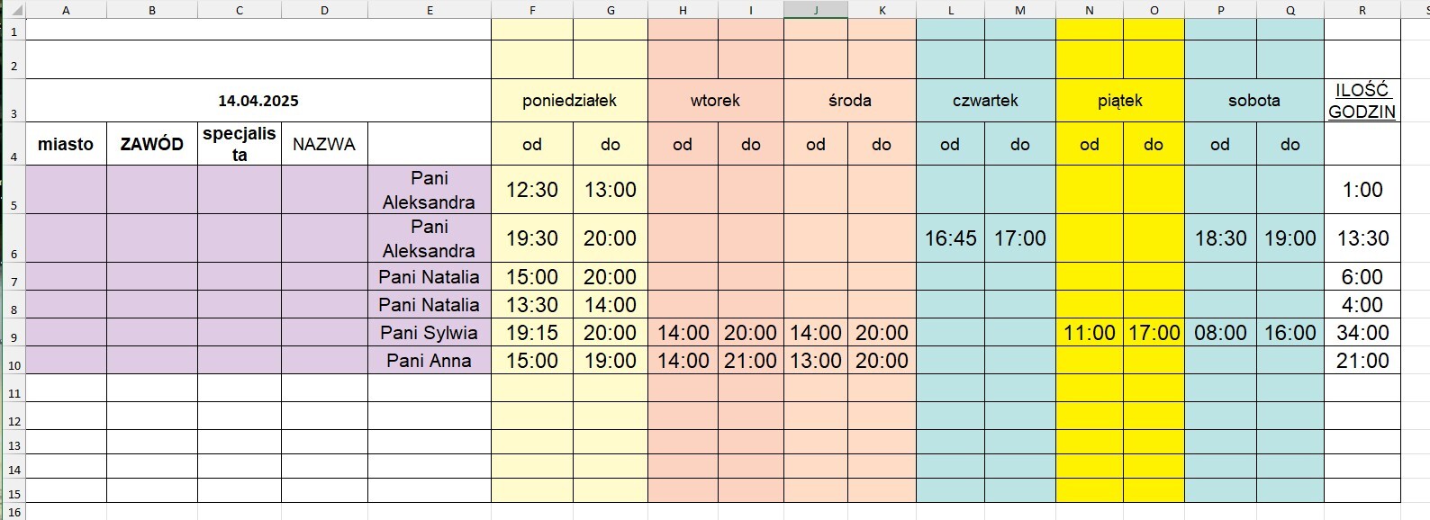 Harmonogram Excel