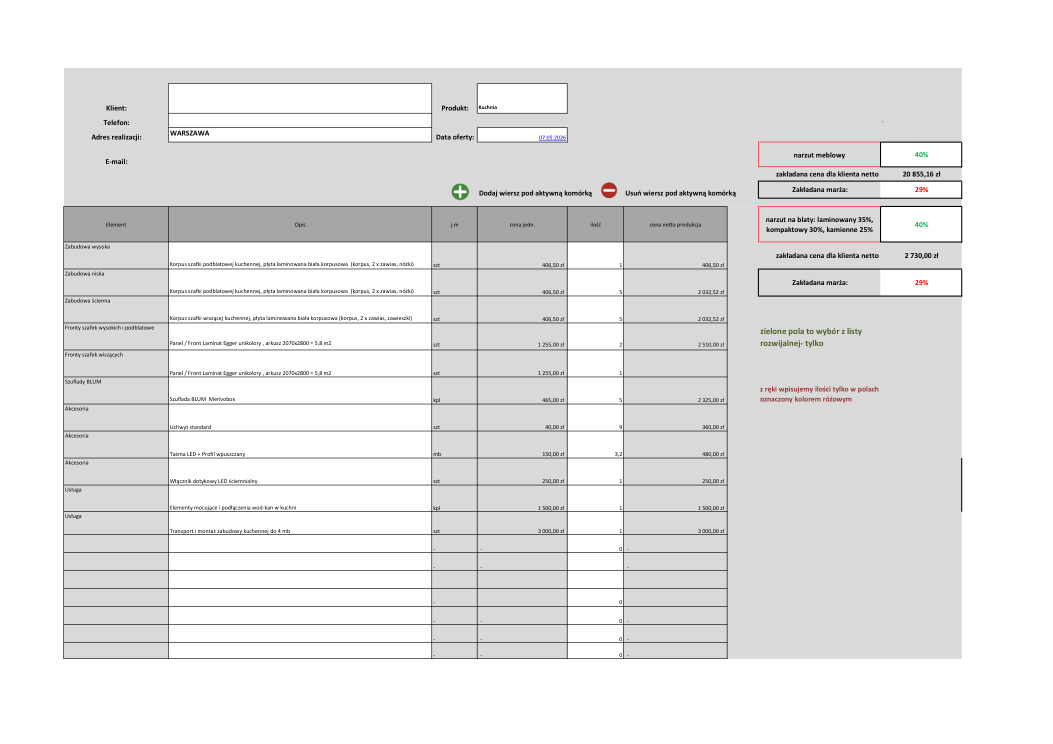 Kalkulator ofertowy Excel