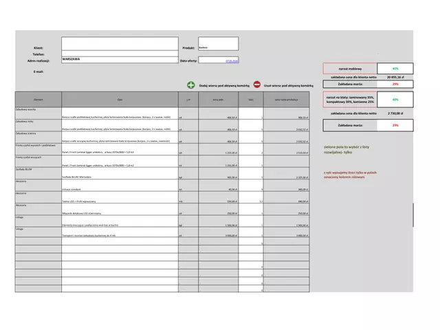 Kalkulator ofertowy Excel - wycena mebli na wymiar